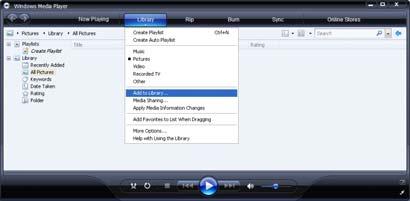 Angi mapper for deling I Windows Media Player velger du Library (Bibliotek) fra menyen og velger Add to Library (Legg til i bibliotek).