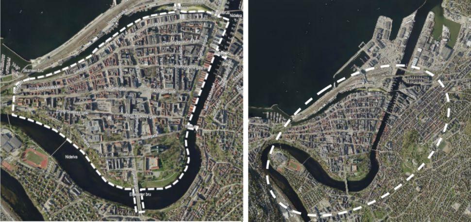 Geografisk avgrensning og kortsiktig gatebruksplan To alternative avgrensninger i