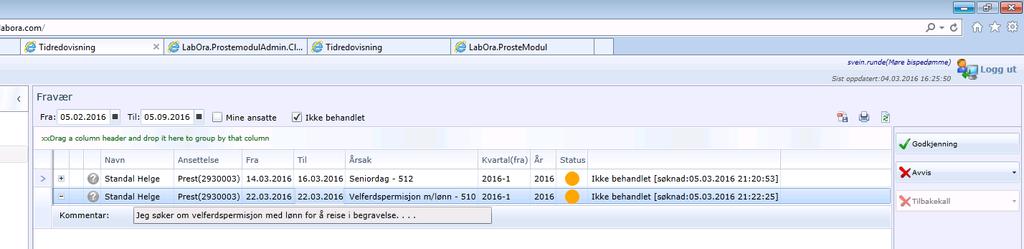 Det vil være et rødt utropstegn ved siden av knappen hvis det er kommet inn en søknad fra en ansatt. Det kommer opp de aktuelle søknadene for din organisasjon.