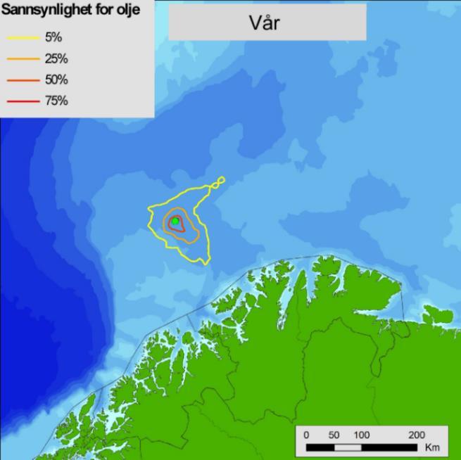 brønn i lisens 609 Det er sommersesongen som har størst sannsynlighet for stranding av olje. 95-persentilen for strandet mengde olje i sommersesongen er 809 tonn emulsjon.