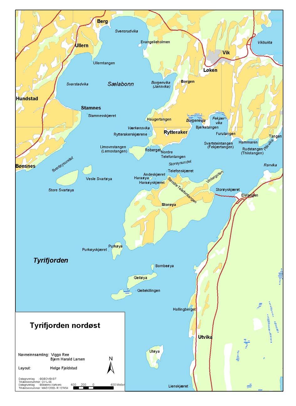 Figur 1b. Kart over nordøstre del av Tyrifjorden.