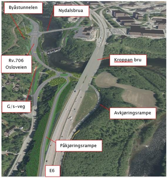 Nye traseer for veg er lagt høyt i terrenget, slik at Nydalsbrua forbinder Tempeplatået og framtidig Byåstunnel med rundkjøring på hver side av elva i samme plan.