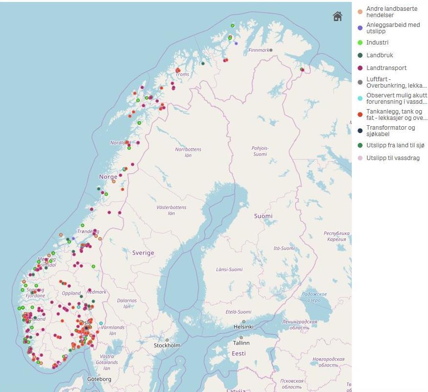 Figur 7. Alle hendelser på land i 2017. 2.4.1 Landhendelser Figur 7 viser landhendelser fordelt på hendelsestyper. En hendelse på Svalbard er ikke vist.