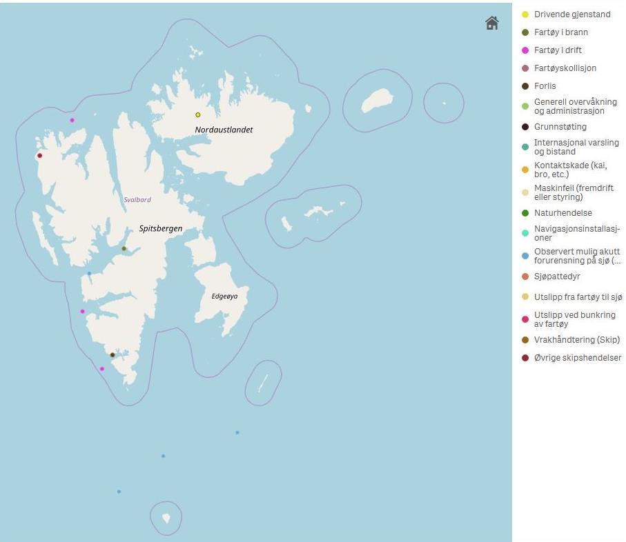 Figur 9. Alle registrerte hendelser (unntatt offshore/petroleumshendelser) på sjø nord for Bjørnøya i 2017. 2.4.
