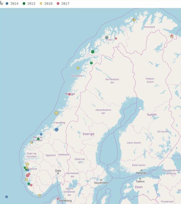 Figur 16. Utslipp ved bunkring av fartøy, 2014-2017. 2.5 Landbaserte utslipp Landbaserte utslipp består hovedsakelig av utslipp fra transport, industrivirksomhet og landbruk.