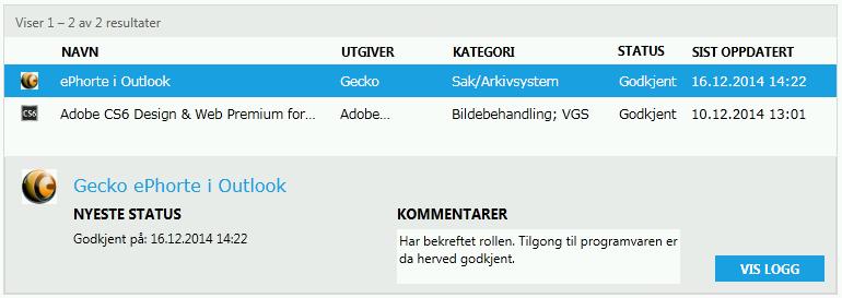 Ein kan sjå siste kommentarar som er gitt, avbryte førespurnaden, eller sjå logg over når status har endra seg og tilhøyrande kommentarar.