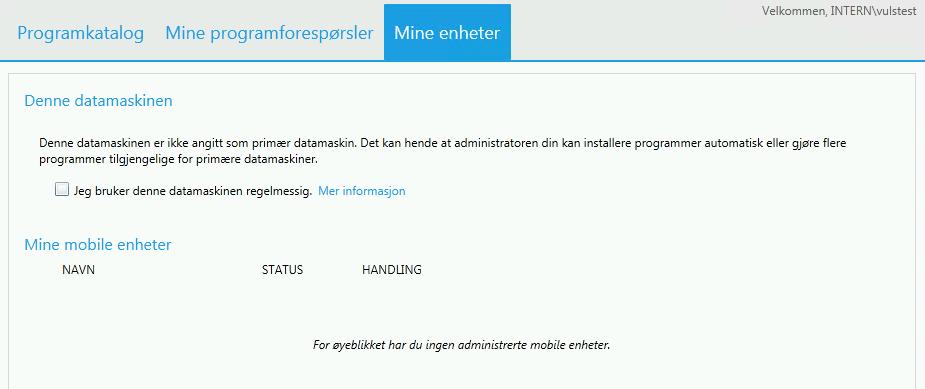 SCCM - Appkatalog og Software Center Side 12 av 20 Mine enheter I denne fana har du oversikt over om maskina ein nyttar i augneblikket er primærmaskin (sjå underpunkt Primærmaskin under), og