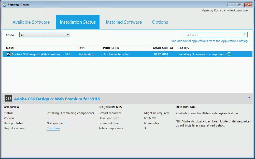 SCCM - Appkatalog og Software Center Side 16 av 20 Installasjonsstatus I denne fana vil ein få informasjon om status for program og applikasjonar som ventar på å verte installert, held på å