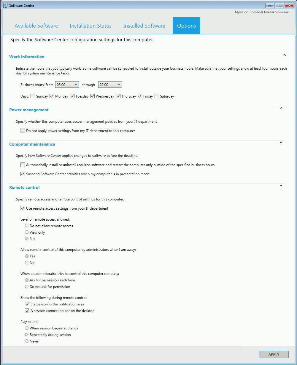 SCCM - Appkatalog og Software Center Side 18 av 20 Alternativ I denne fana kan ein sjå og sette innstillingar som gjeld for maskina