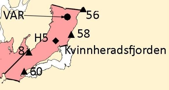 Location Water body H5-3 Kvinnheradsfjorden Summer Unit Thresholds High status Mean value Status Meget God God Moderat Dårlig Meget Dårlig Chlorophyll-a µg/l <2 0,97 High Nitrate μmol/l <0,85 0,32