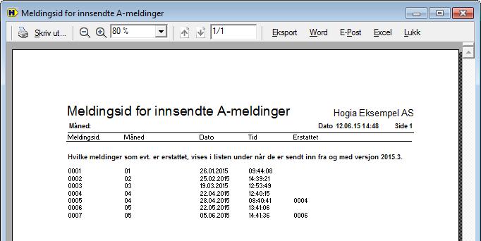 side 12 NY: RAPPORTER DIVERSE OVERSIKT OVER INNSENDTE A-MELDINGER Du kan nå få ut rapport over hvilke A-meldinger som er sendt inn.