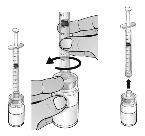 Skyv stempelet sakte tilbake slik at sprøyten kun inneholder den mengden legen har forskrevet. Pass på at toppen av stempelhodet kommer på linje med sprøytemarkeringen for forskrevet dose.