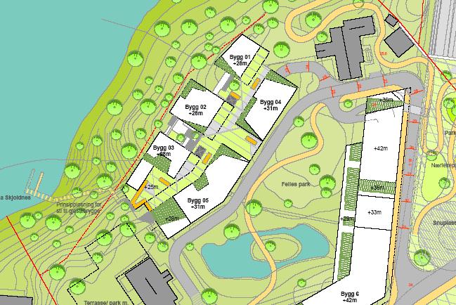 Figur 1 Utsnitt fra Illustrasjonsplan, bygg 1-5 1.1 Lokalisering av bebyggelsesområdet. Byggeområdet avgrenses mot vest av den effektive byggegrensen mot sjø satt til 25m fra Nordåsvatnet.
