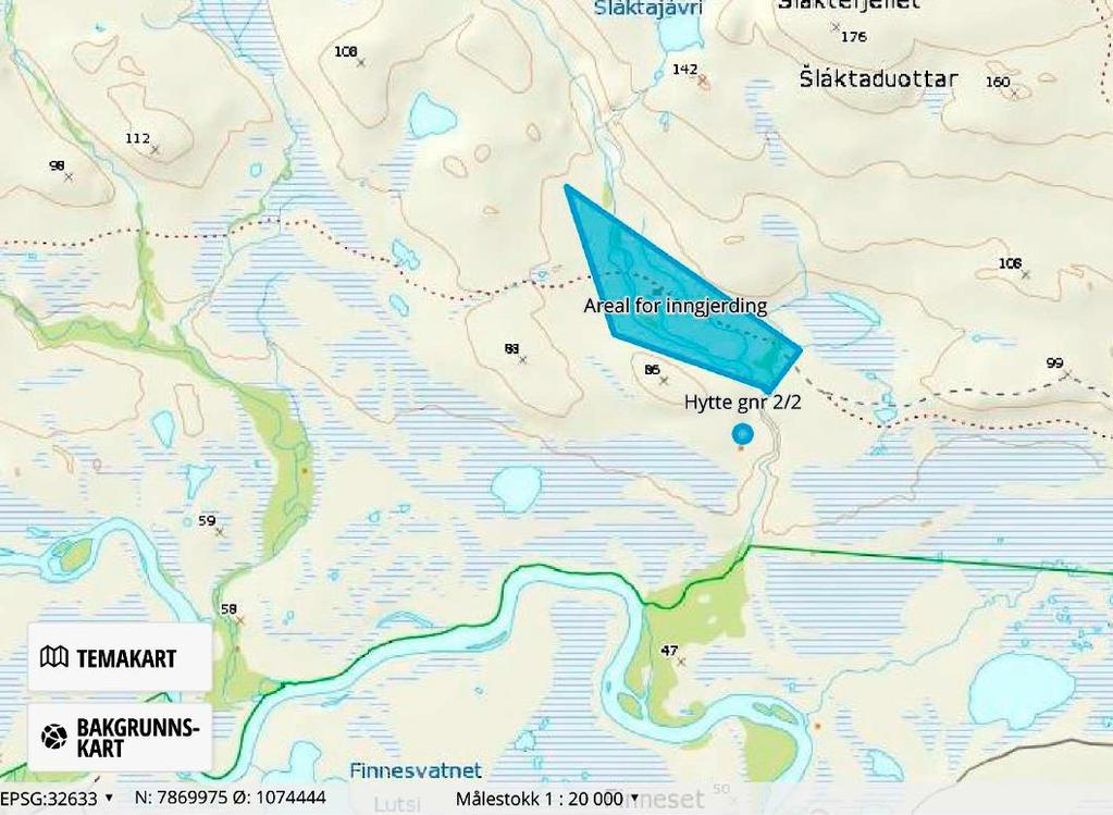 Kart 1. Hytte gnr 2/2 og nærliggende eiendom markert i blått, hvor det er innvilget tillatelse til årlig midlertidig inngjerding av sau for beite.