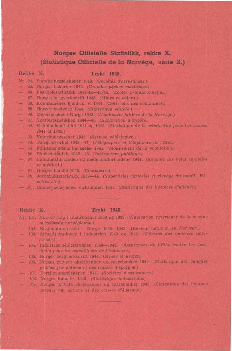 Norges Offisielle Statistikk, rekke X. (Statistique Officielle de la Norviége, série X.) e X. Trykt. Nr.. Forsikringsselskaper. (Sociétés d'assurances.). Norges fiskerier. (Grandes pe ches maritimes.