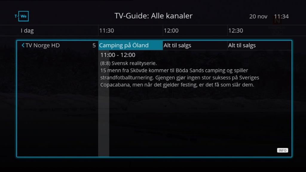 Du åpner TV-guiden ved å trykke på på fjernkontrollen. Det er også mulig å starte opptak både av programmer som går og programmer frem i tid direkte fra TV-guiden.