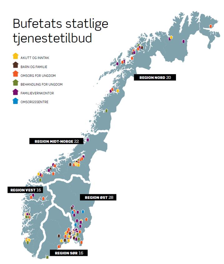 Kartet viser oversikt over: Statlige barnevernsinstitusjoner for alle funksjoner Statlige sentre for foreldre og barn Statlige omsorgssentre Enhet for inntak i hver region Enhet for