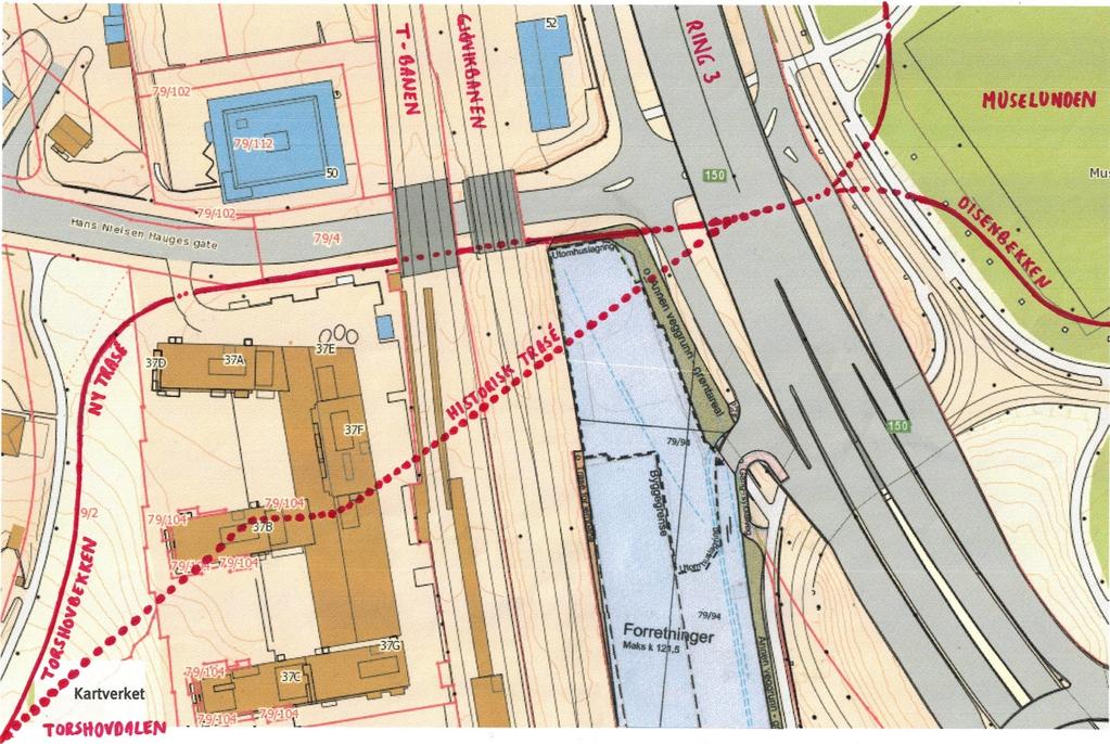 4 Torshovbekken ligger i dag i rør (i en 800 mm AF-ledning) i bekkens historiske trasé under Hans Nielsen Hauges gate 43 og 37.