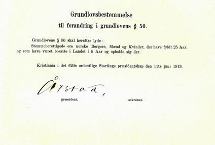 Underskriftsaksjonene Da det første forslaget om stemmerett for kvinner ble behandlet i Stortinget i 1890, samlet Kvindestemmeretsforeningen med Gina Krog i spissen inn over 4500 underskrifter.