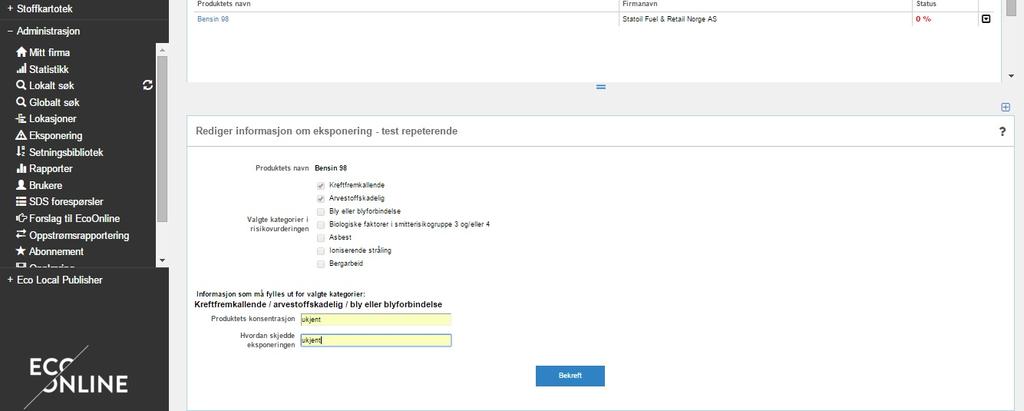 Trykk på svart pil (2) og velg «Rediger informasjon». Legg til info og velg «Bekreft». status 100 % vi.