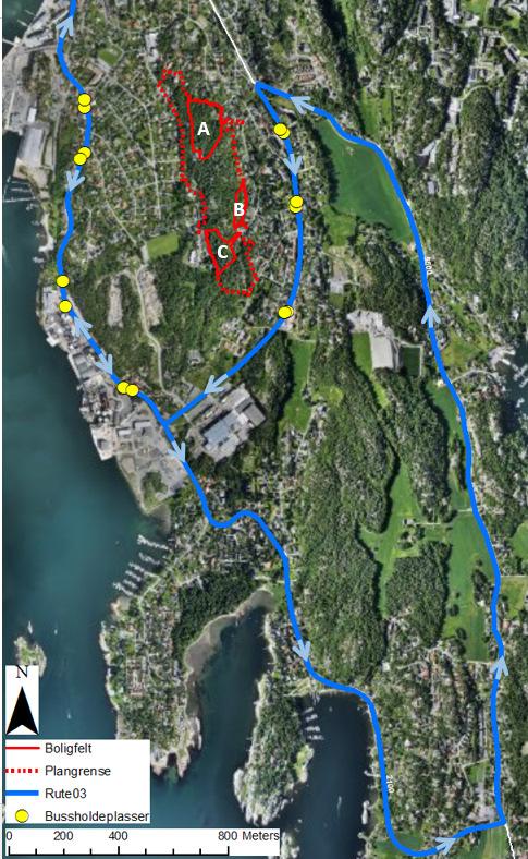 3.4 Kollektivtrafikk Rute 03 forbinder planområdet med Sandefjord sentrum via Framnesveien, Veløyveien, Vesterøyveien, Industriveien og tilbake igjen via Framnesveien.