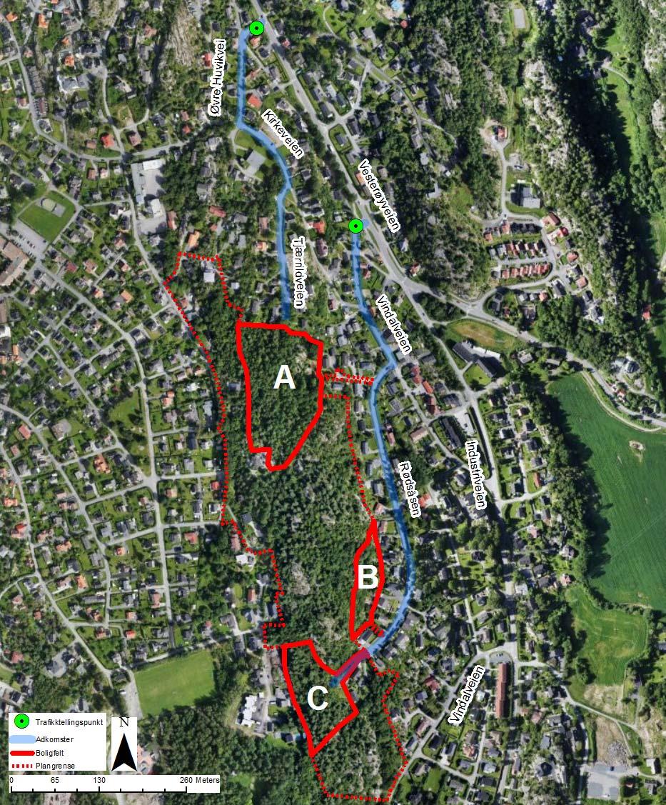 8.3 Trafikellinger på Øvre Huvikvei og Vindalveien utført av Rambøll Som en del av trafikkanalysen av utbyggingen av Rødsåsen har Rambøll