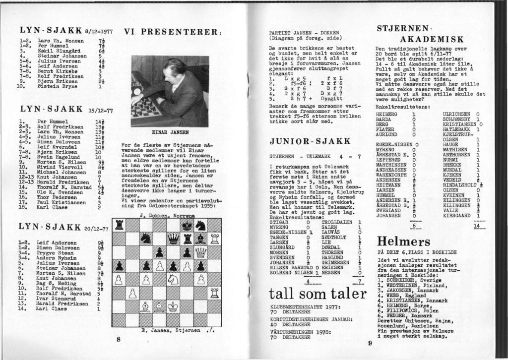 LYN SJAKK 8/12-1977 VI PRESENTERER: 1-2. Lars Th. Monsen 7 1-2. Per Hummel 7* 3. Eskil Slungård 6. Steinar Johansen -6. Julius Iversen -6. Leif Andersen 7-8. Bernt Kirkebø 3 7-8. Rolf Fredriksen 3 9.