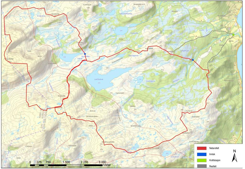 Leneselva har, ved planlagt inntak, et naturlig nedbørfelt på 19 km² (figur 5). Melslættelva ligger i øvre del av vassdraget Haugelva (119.11Z) og har sin opprinnelse i Skardsetervatnet (338 moh.