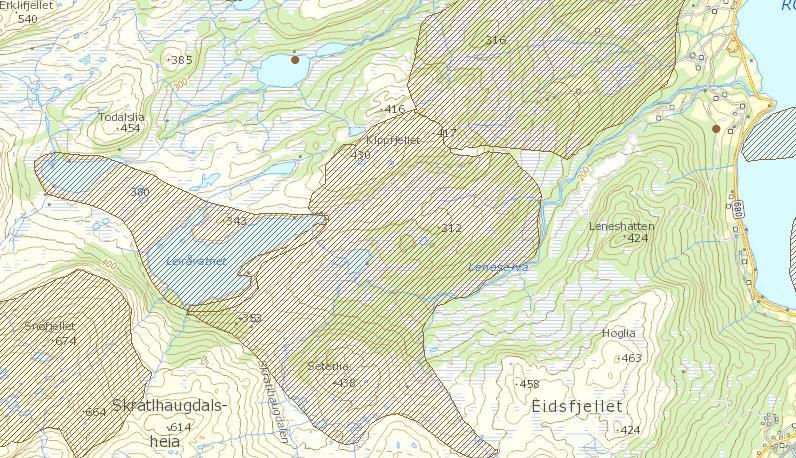 Figur 10. Store deler av influensområdet er i Naturbasen avgrenset som viktige viltområder (brun skravering).