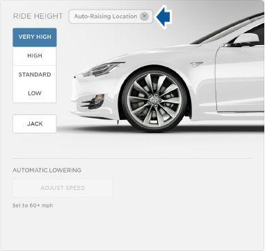 Smart luftfjæring «Jack»-modus Før bilen skal jekkes eller heves, settes fjæringen i Jack-modus for å unngå selvjusteringen som oppstår, også når Model S er slått av.