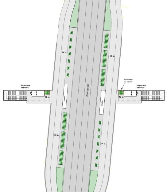 Side 6 Etappe 3: Illustrasjon av utviklingstrinn 2 Stasjoner for MetroBuss og breddeutvidelsen av Leangbrua med to heis- og trappehus: Leangbrua utvides i østlig og vestlig retning, slik at