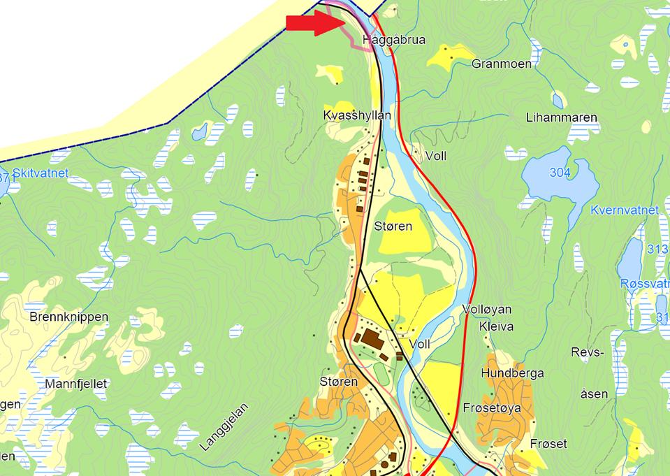 Figur 1 Oversiktskart over deler av Midtre Gauldal kommune. Området det søkes dispensasjon er vist med rød pil.