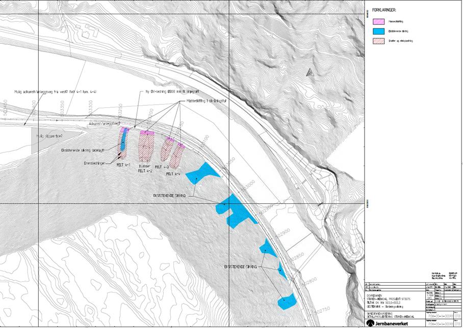 Søknaden er vedlagt i sin helhet. Figur 2 Situasjonskart over tiltakene. Blå område er eksisterende sikringer, mens rødstripet område er de nye ønskede tiltakene.