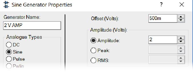 Vi har valgt 2,0 V amplitude og frekvens 1 khz.