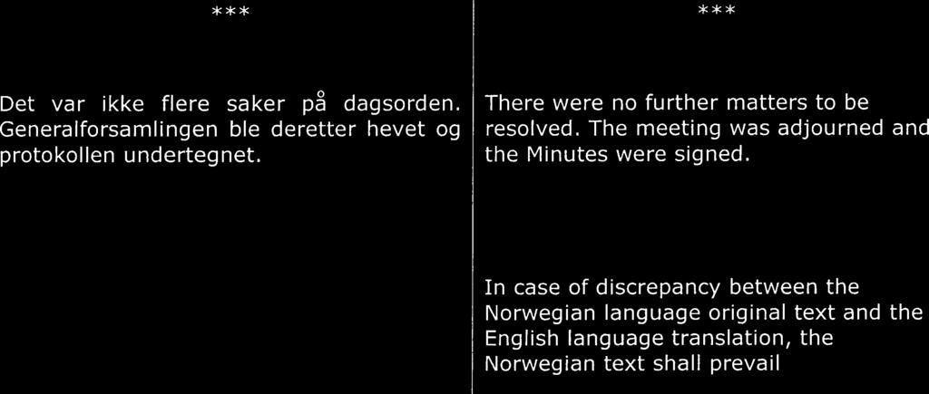 *** Det var ikke flere saker på dagsorden. Generalforsamlingen ble deretter hevet og protokollen undertegnet. There were no further matters to be resolved.