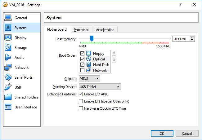 VM-innstillinger (Machine Settings) i VirtalBox General Navn, gjeste-os og plassering av filer System Internminne (memory)