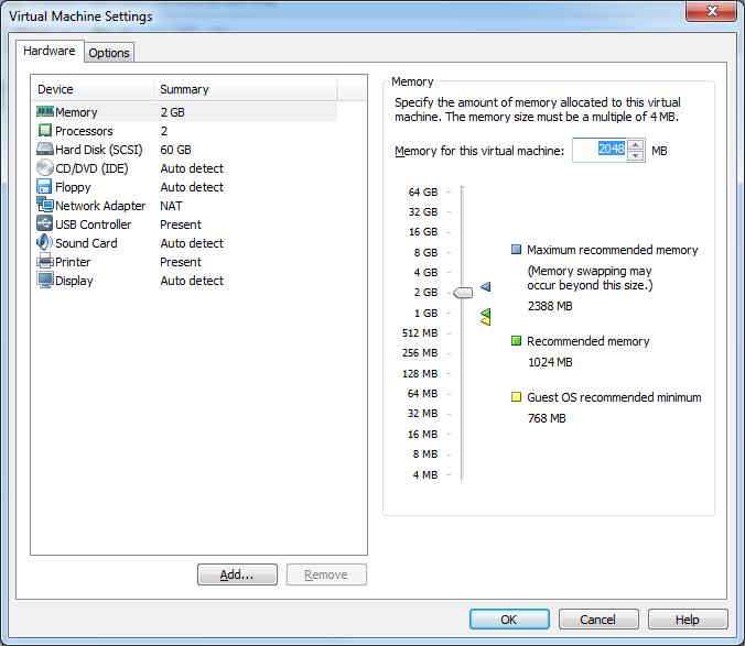 Virtuell maskinvare i VMware Player Internminne (memory) Prosessorer Antall kjerner Type virtualisering Harddisk Plass tildeles dynamisk etterhvert Bruker ikke mer fysisk enn den trenger CD/DVD Kan