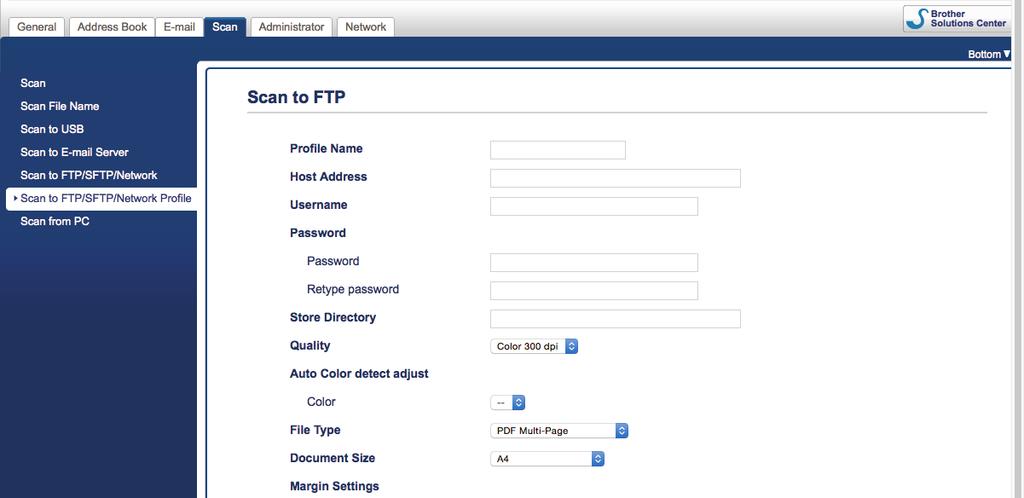 Hjem > Scan (Skann) > Skanne med skanneknappen på Brother-maskinen > Skann til FTP > Konfigurere en Skann til FTP-profil Konfigurere en Skann til FTP-profil Beslektede modeller : ADS-2700W Sett opp