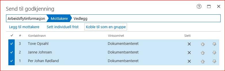 Legg mottakere og naviger til kategorien "Mottakere" marker alle og velg "Koble til som en gruppe": 3.