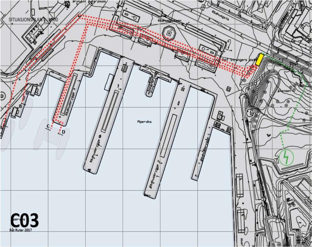 Utredning av alternativ plassering av nettstasjon C Plassering ved Skansen ved Pipervika trafostasjon: Ikke anbefalt.