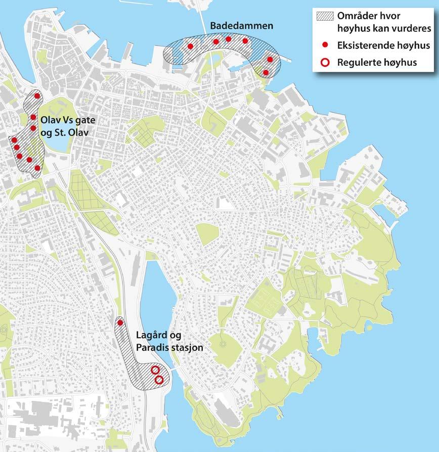 Stavanger stasjon, Paradis stasjon og eksisterende høyhusbebyggelse for å avgrense aktuelle områder der kommunen kan vurdere ny høyhusbebyggelse.