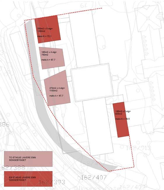 Skissen viser en mulig løsning, der det også er tenkt et bygg mellom Sengebygg sør og Medisin B (mellombygget ligger kun delvis i felt S1). Skissen viser 4000 m² utvidelse av 1.