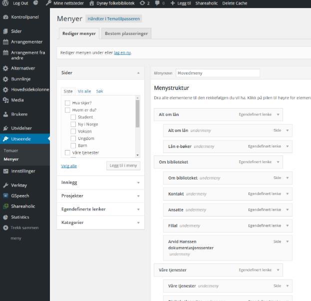 Når siden er opprettet og fylt med innhold må den gjøres synlig i systemet. Gå til Utseende i venstremenyen og velg Menyer.