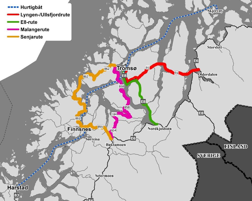 Ruter til Tromsø Fra Senjaruta Malangenruta E8-ruta Lyngen- Hurtigbåt /Ullsfjordruta Finnsnes 2:20 2:30 2:10 1:15 Buktamoen 3:00 2:00 1:40 Nordkjosbotn 1 Olderdalen 2:35 2:40 Skjervøy 3:35 3:45 1:45
