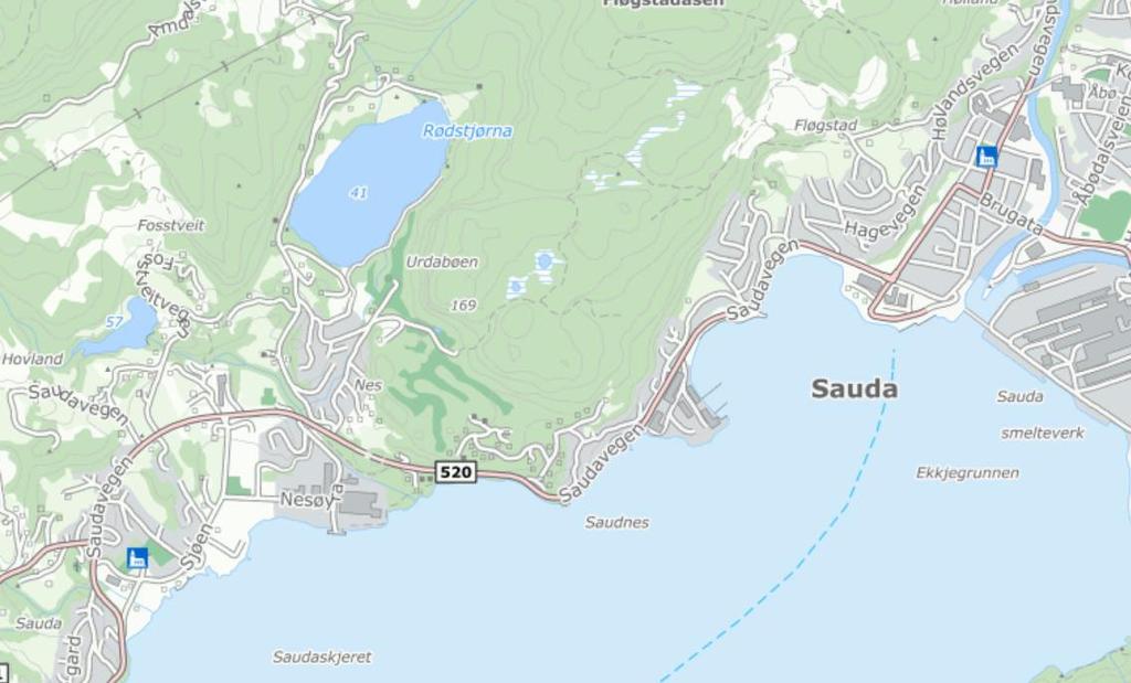 REGULERINGSPLAN TEIEN, SAUDA KOMMUNE 9 4 Områdebeskrivelse Området ligger innerst i Saudafjorden, rett nord for fv. 520, se Figur 4-1. Planavgrensningen er vist i Figur 4-3.