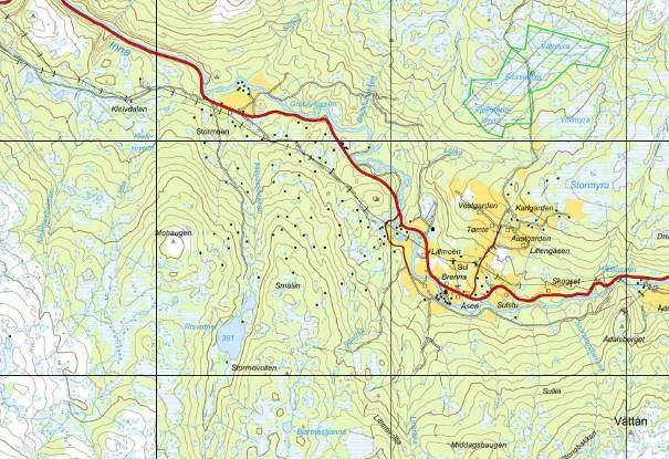 ssikkerhet Området er kupert og svakt hellende nordover mot rv. 72 og Inna. Spredt skogbevokst med en del hyttebebyggelse. Det er registrert betydelige vilt i området.