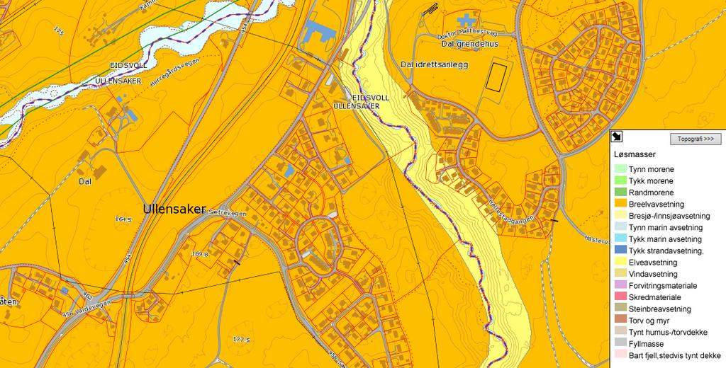 Figur 1: Kvartærgeologisk kart over planområdet (fra www.ngu.no, Norges Geologiske Undersøkelser) Tiltaket må planlegges med hensyn til framtidig økning i nedbørsintensitet og mengder. 3.