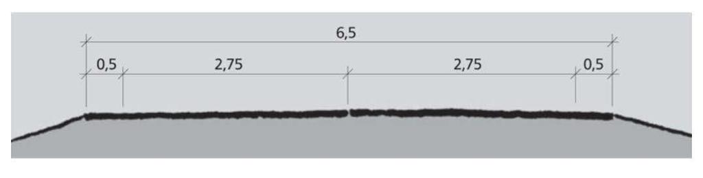 Det tilrettelegges for 2,75 m brede kjørebaner og 0,5 m skulder på begge sider, totalt 6,5 m. For kurver kommer breddeutvidelser i tillegg. For de øvrige ca. 2,2 km av fv.