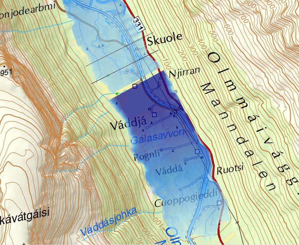Figur 18 Kart som viser berørt areal for dammen og like nedstrøms