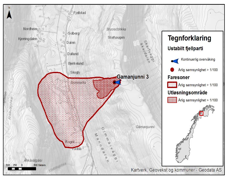 1. Innledning Et fjellskred fra fjellpartiet Gamanjunni 3 i Manndalen, Kåfjord kommune, vil kunne krysse Manndalselva og kan føre til en dam som oppdemmer elva oppstrøms skredmassene.